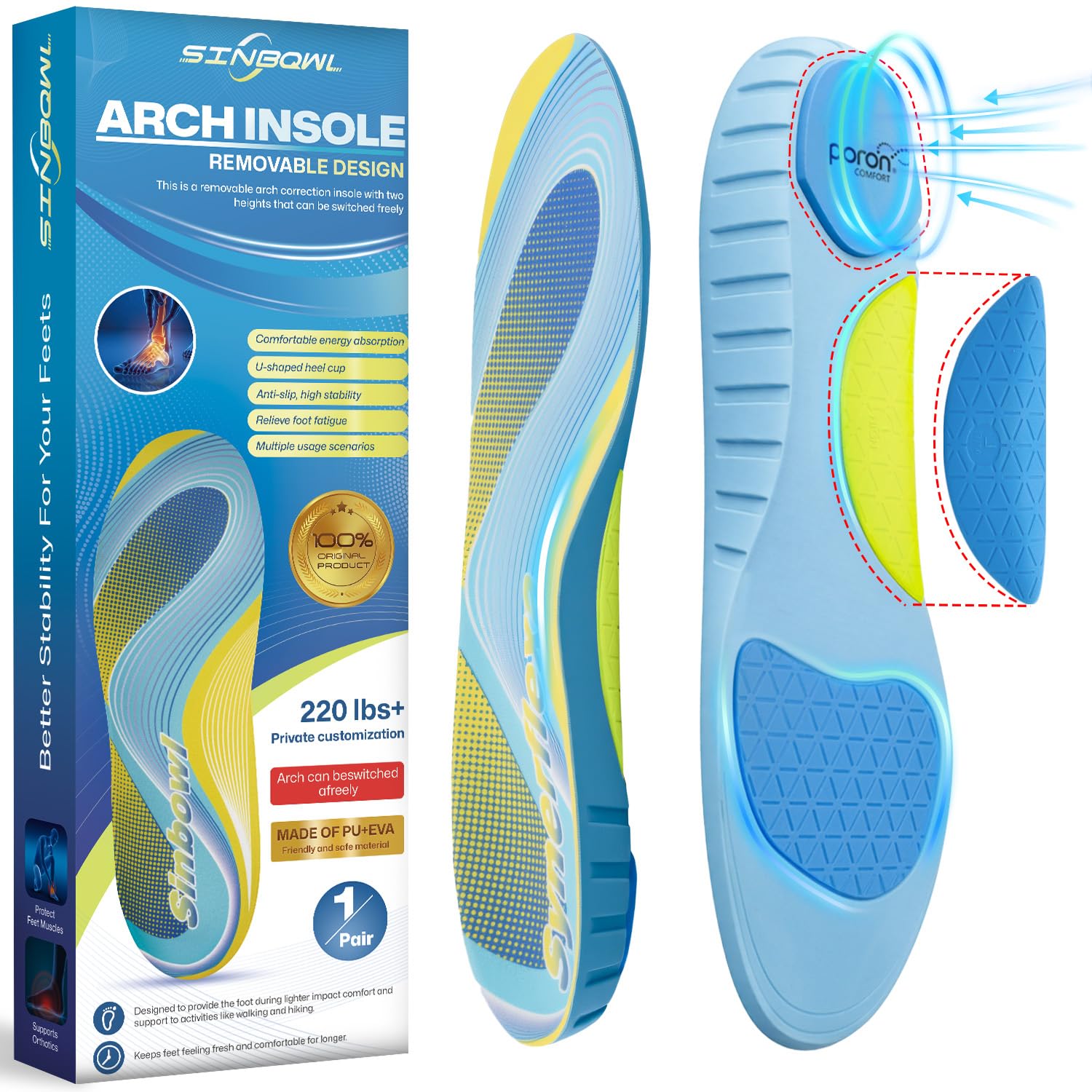 Sinbowl removable high arch support insoles for daily wear and activity