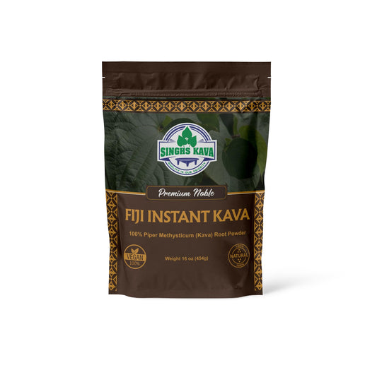 SINGHS Noble Fiji instant kava powder packaging for quick premium mixing.