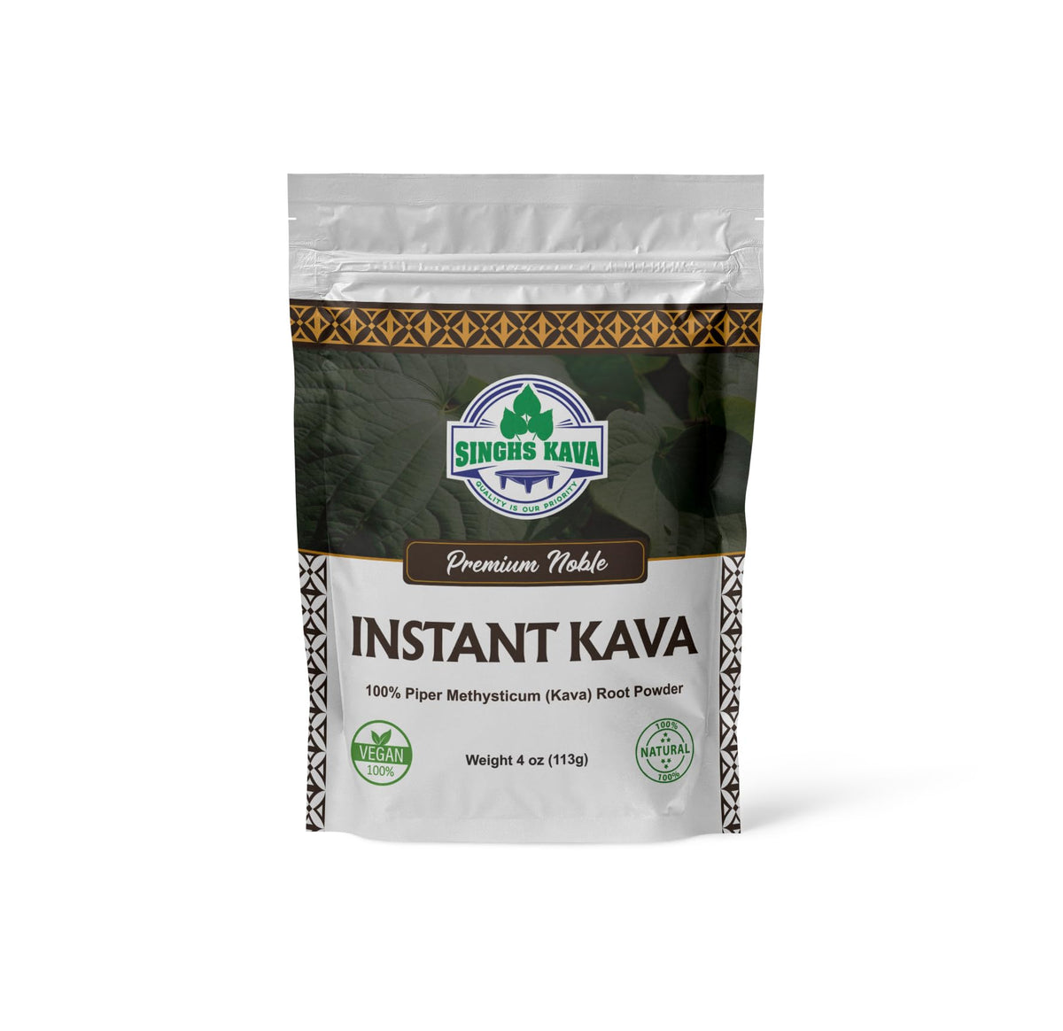 SINGHS micronized instant kava powder in bag front, ready for quick island moments.