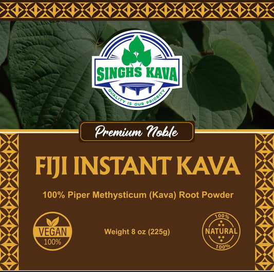 SINGHS Noble Fiji Instant Kava Powder being stirred into a drink for fast, convenient enjoyment.