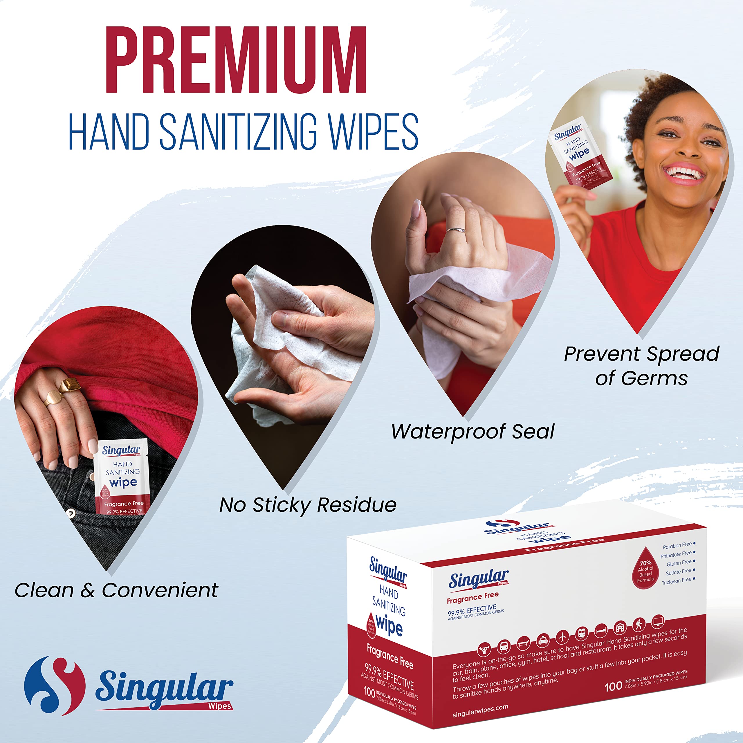 Singular Wipes contain 70% isopropyl alcohol for quick cleaning on the go.