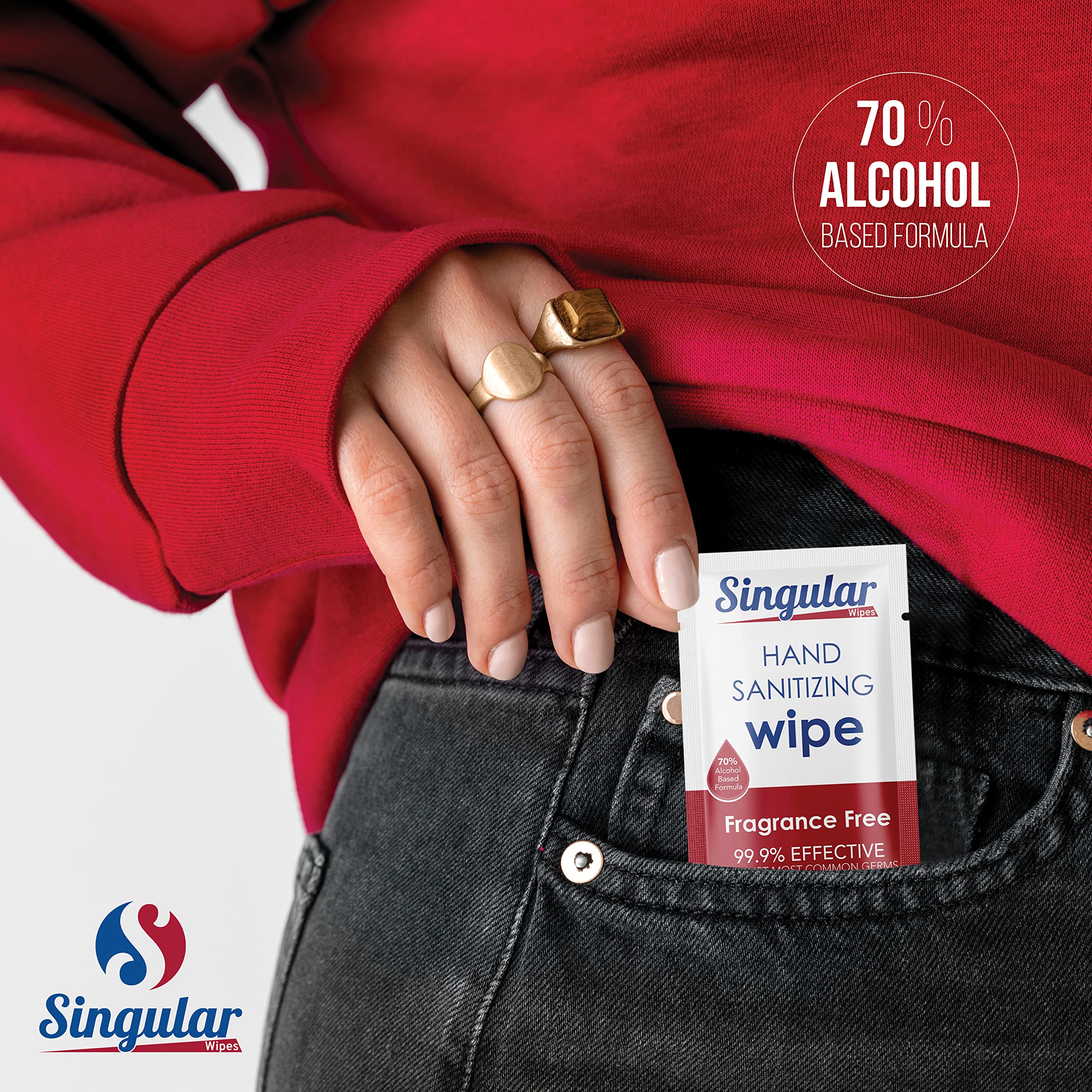 Singular Wipes individually wrapped packaging fits pockets and bags.