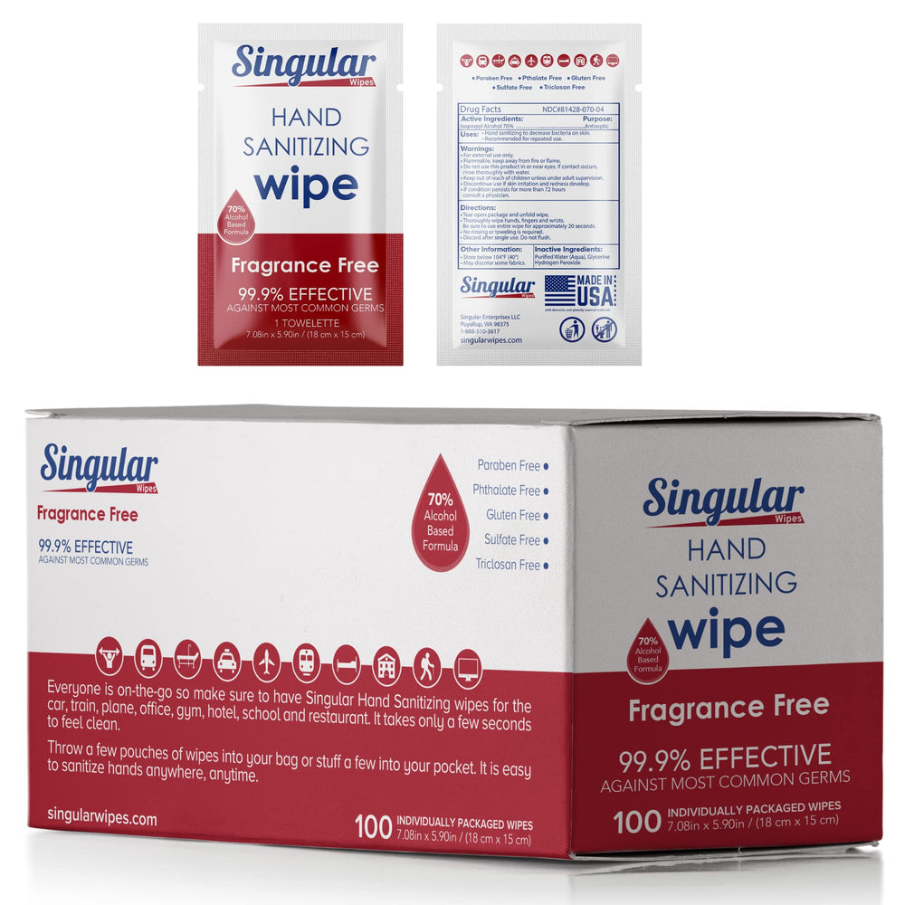 Singular Wipes travel-size 100ct, individually wrapped for on-the-go sanitizing.