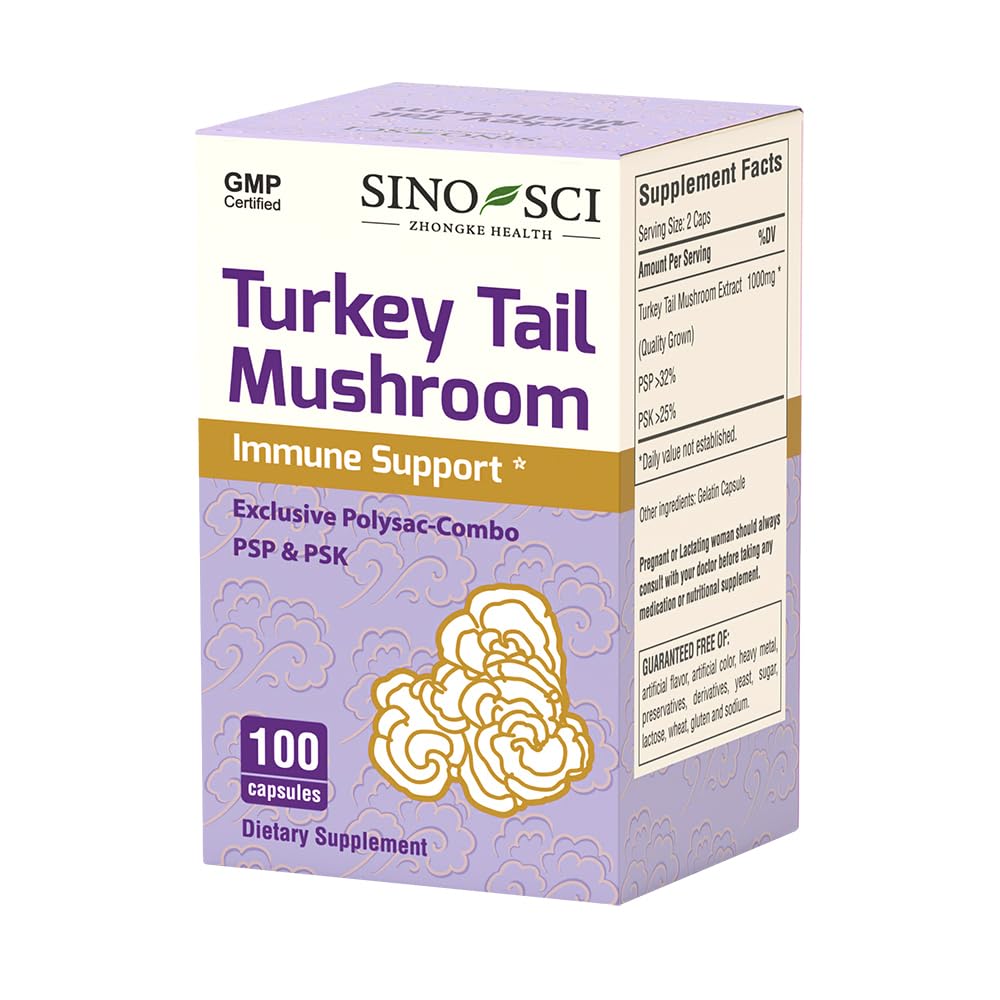 Sino-Sci Turkey Tail capsules on bottle cap for immune system support.