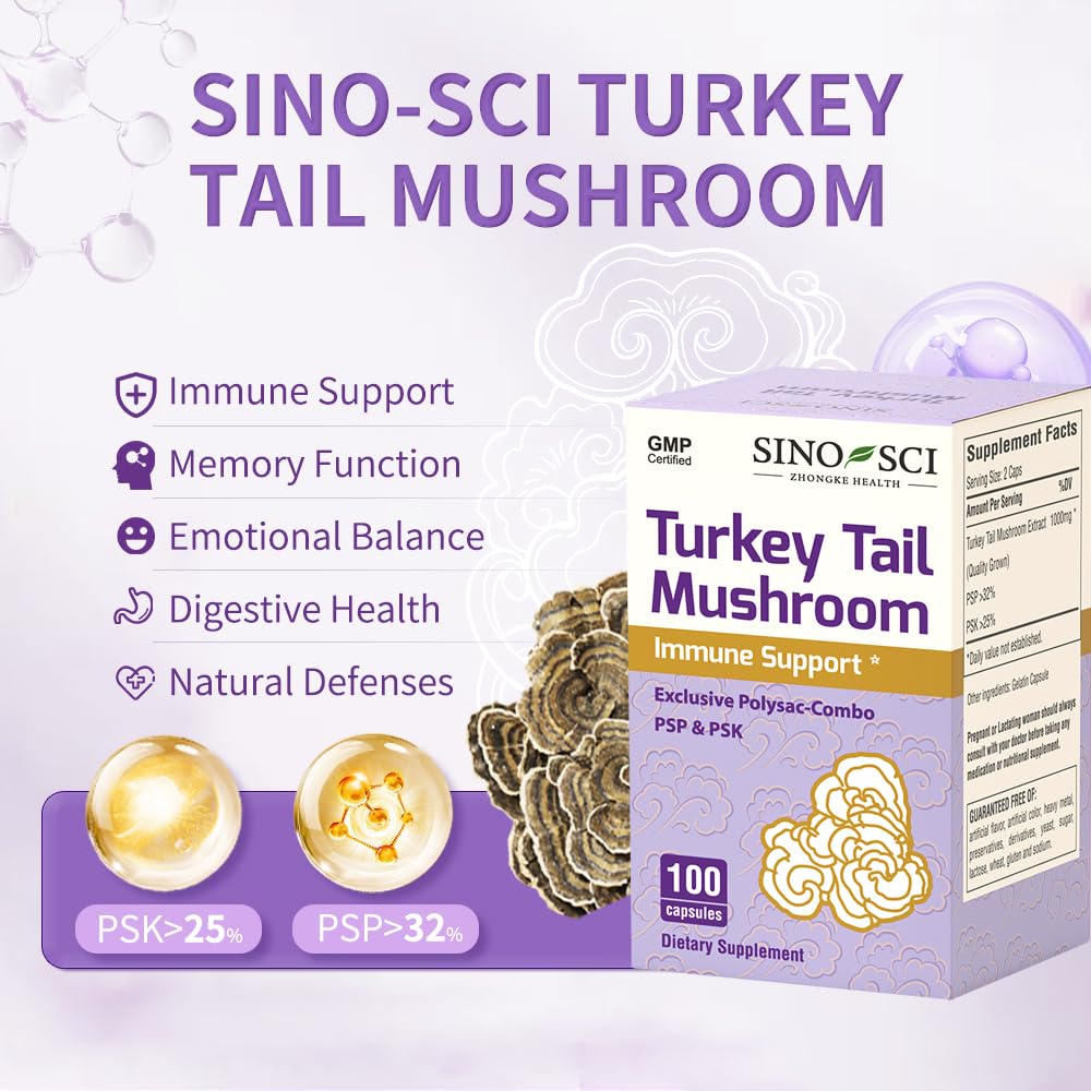 Non-GMO Sino-Sci Turkey Tail formulation showcased on packaging.
