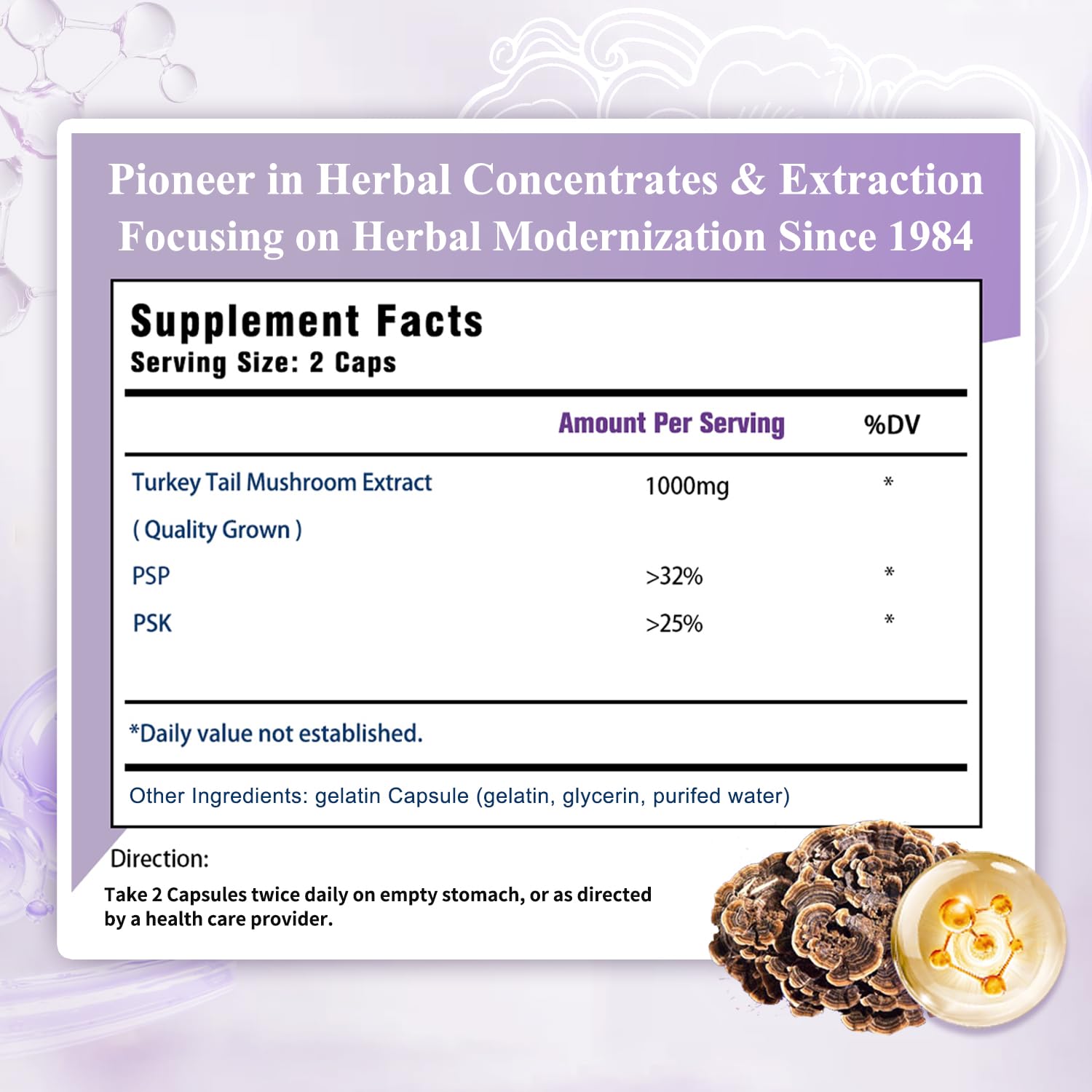 Close-up of Sino-Sci Turkey Tail label highlighting PSK and PSP for wellness.
