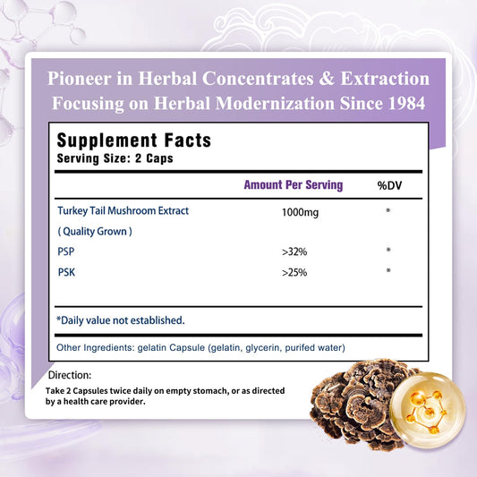 Close-up of Sino-Sci Turkey Tail label highlighting PSK and PSP for wellness.
