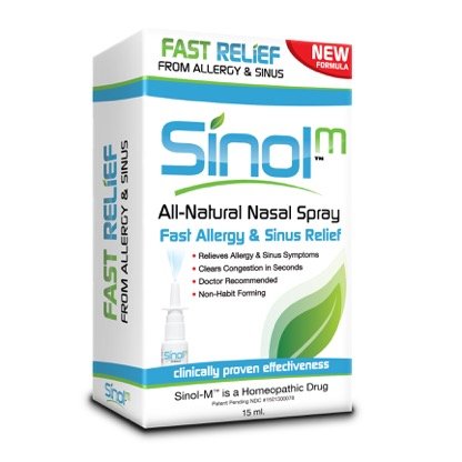 SinolmM nasal relief spray bottle front view for quick allergy relief