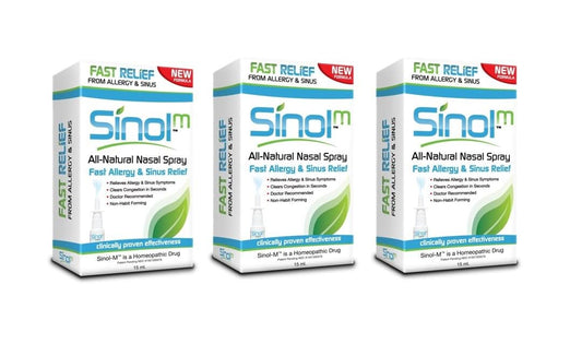 SinolM nasal spray bottle for on-the-go allergy relief.