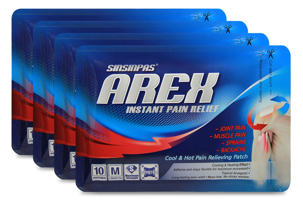 SINSINPAS AREX patch packaging box highlighting dual cooling and heating concept for minor aches.