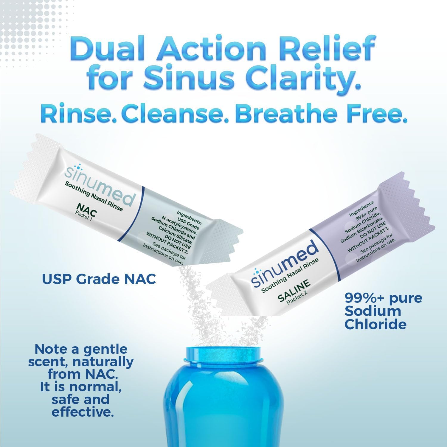 SinuMed user performing nasal rinse with gravity bottle
