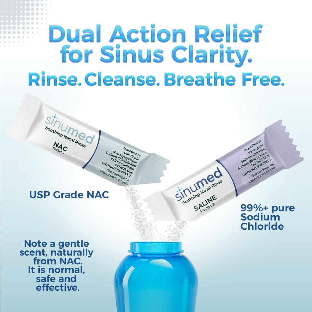 SinuMed user performing nasal rinse with gravity bottle