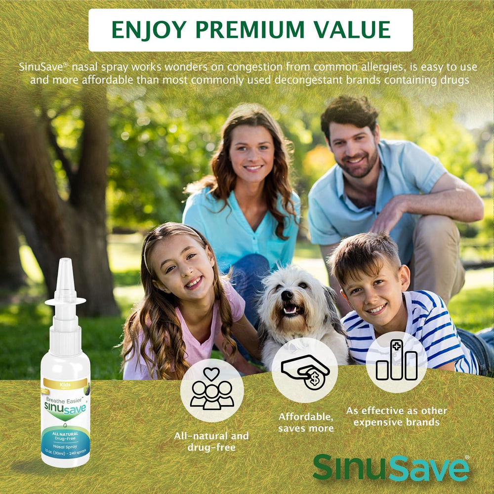 Sinusave Kids Strength bottle back label highlighting 9 essential oils and drug-free formula.