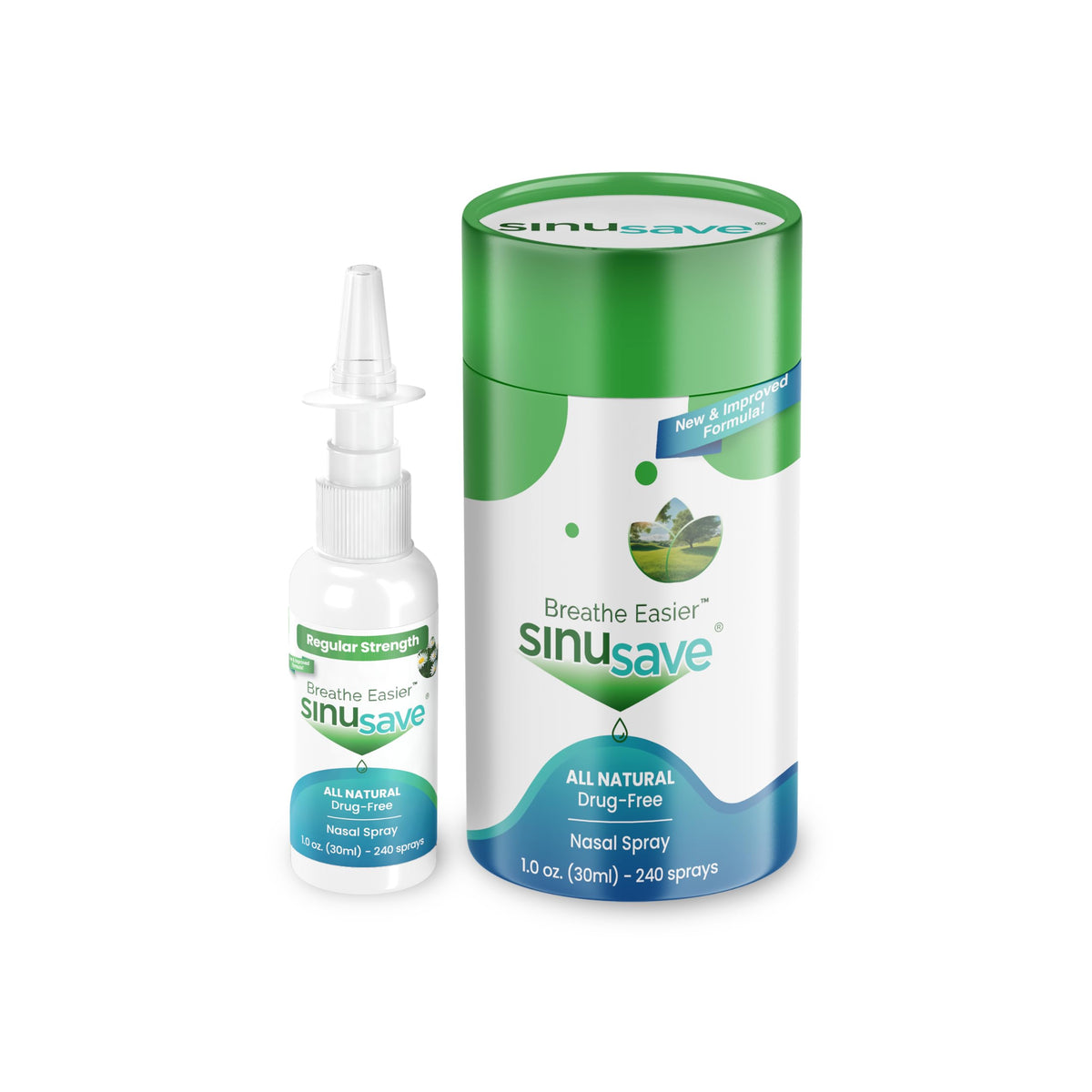 Sinusave Regular Strength bottle front showing a drug-free nasal relief option.