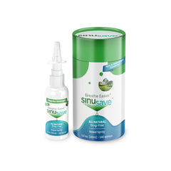 Sinusave Regular Strength bottle front showing a drug-free nasal relief option.
