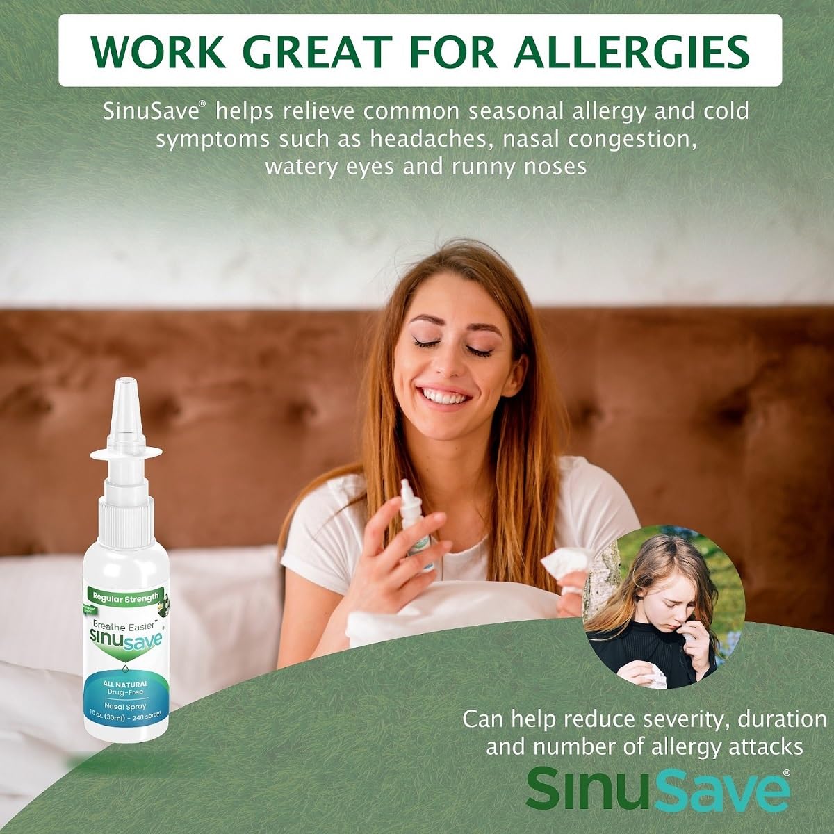 Sinusave Regular Strength nasal spray usage demonstrates quick, non-drowsy relief.