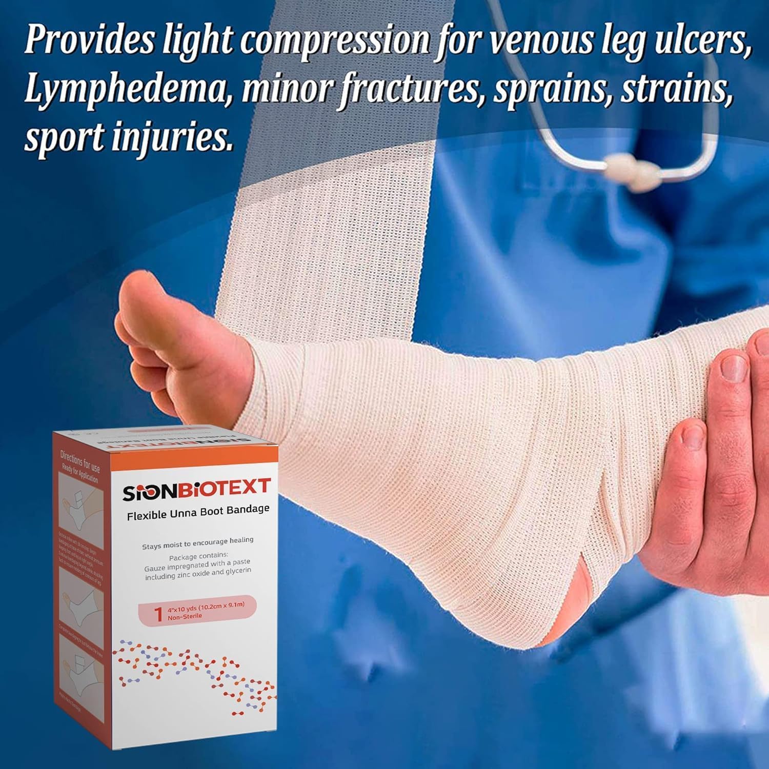 Sion Biotext Unna Boot zinc wrap for venous ulcer care with light compression.