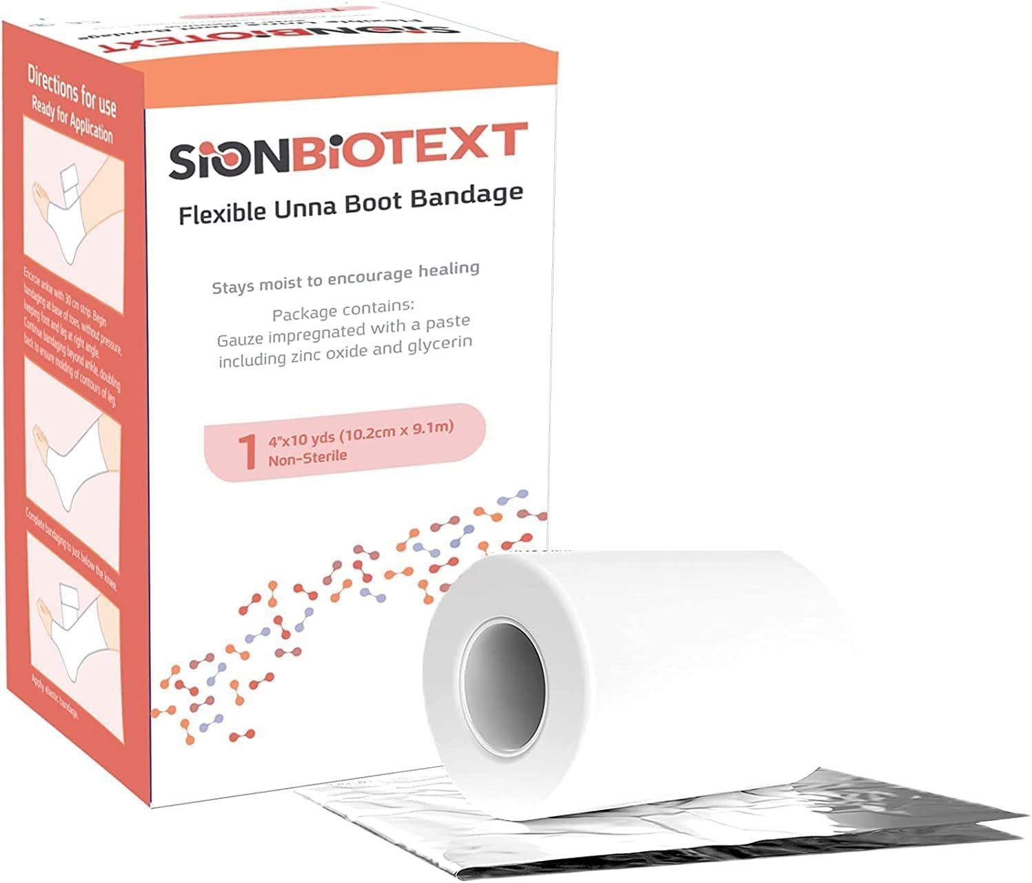 Sion Biotext Unna Boot zinc wrap 4in x 30ft provides uniform compression for leg care.