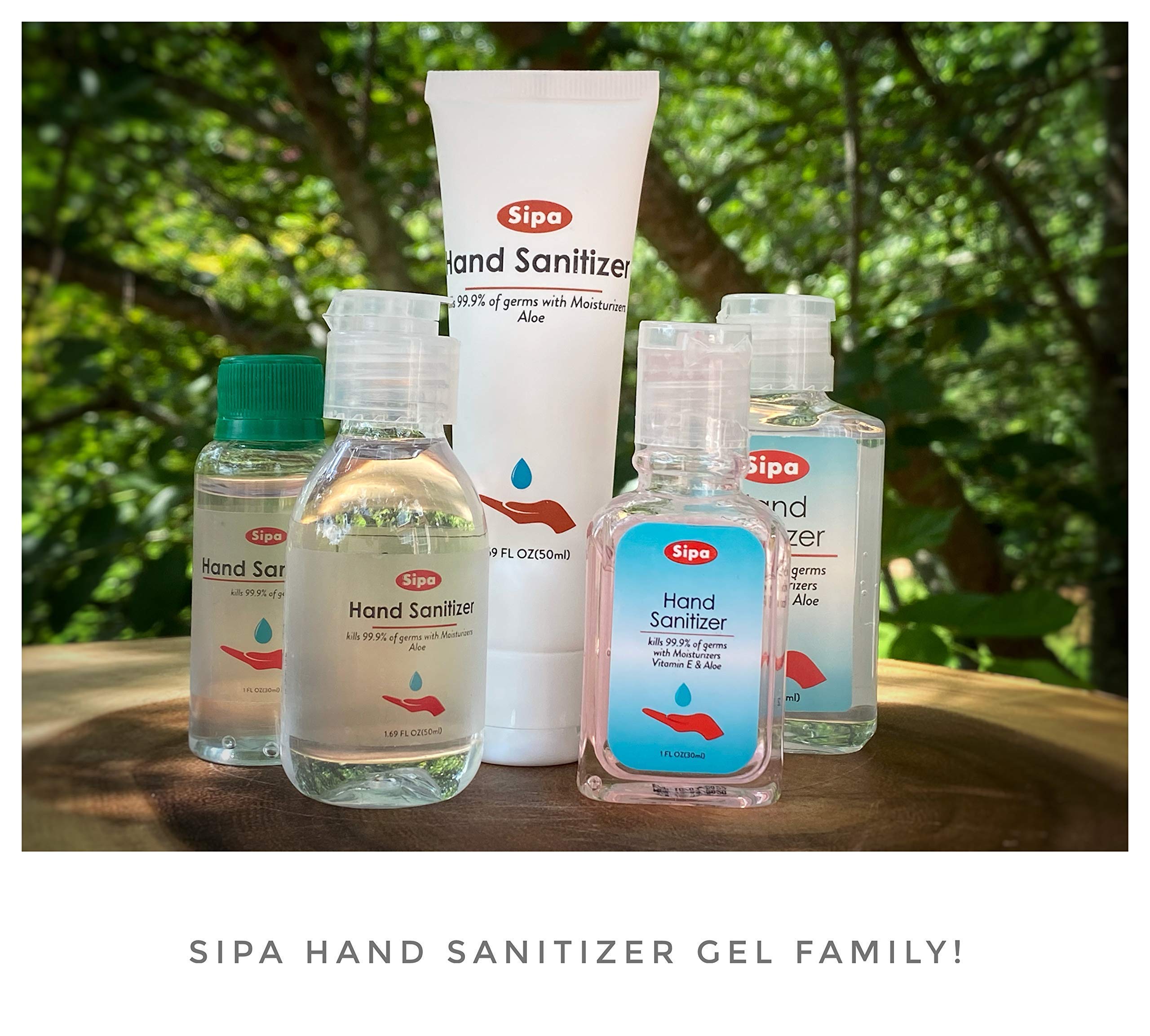 SIPA hand sanitizer bottle highlights clean scent and Aloe Vitamin E hydration.
