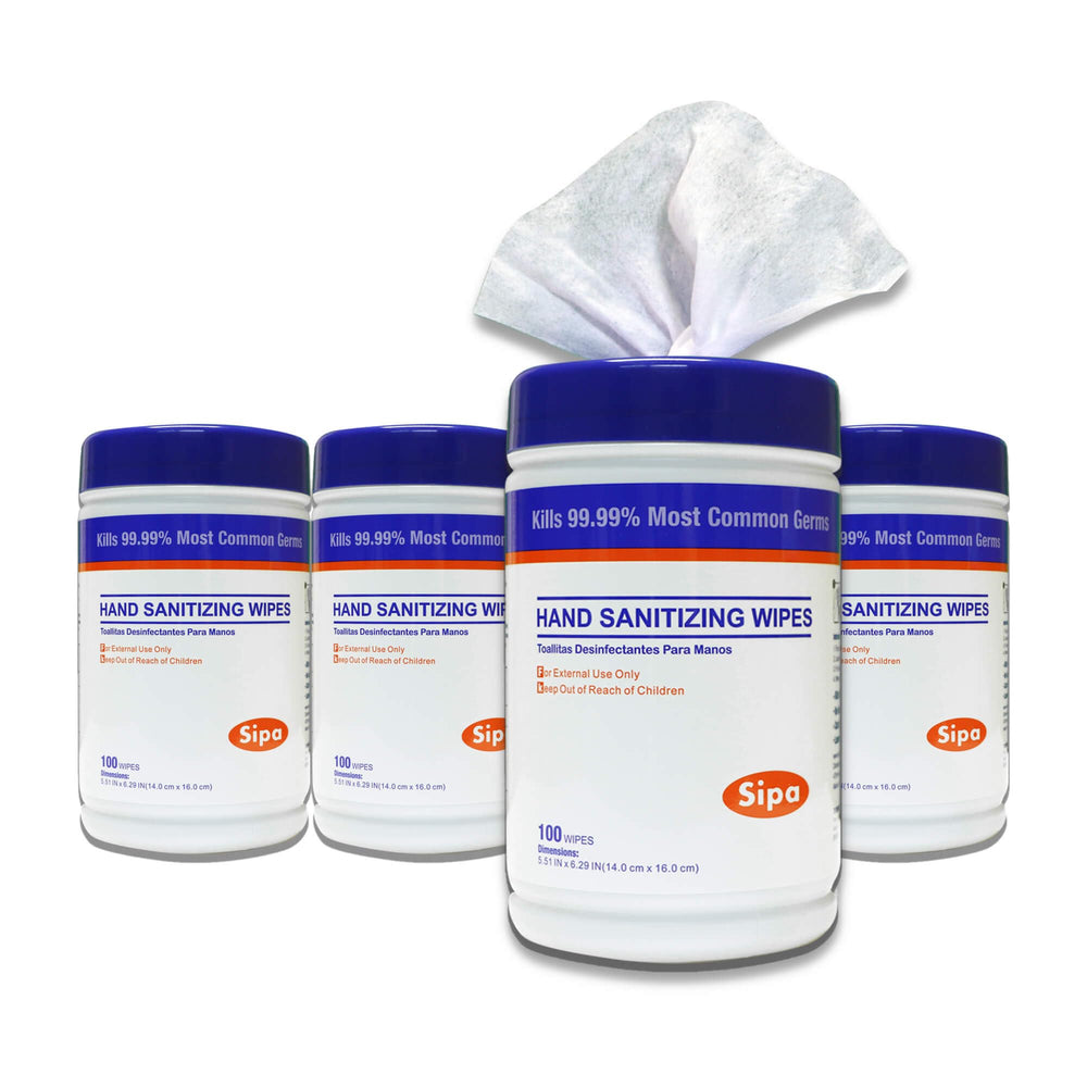 SIPA hand sanitizing wipes 100-count canister label for bulk supply.