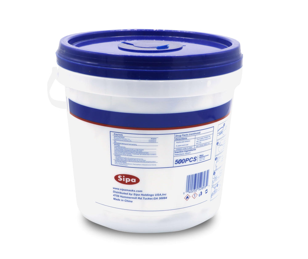 SIPA Hand Sanitizing Wipes with 500-count per bucket for quick mess control.