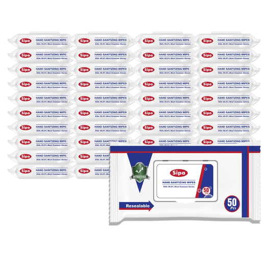 SIPA hand sanitizing wipes bag showing 50-count travel pack for on-the-go cleanliness.
