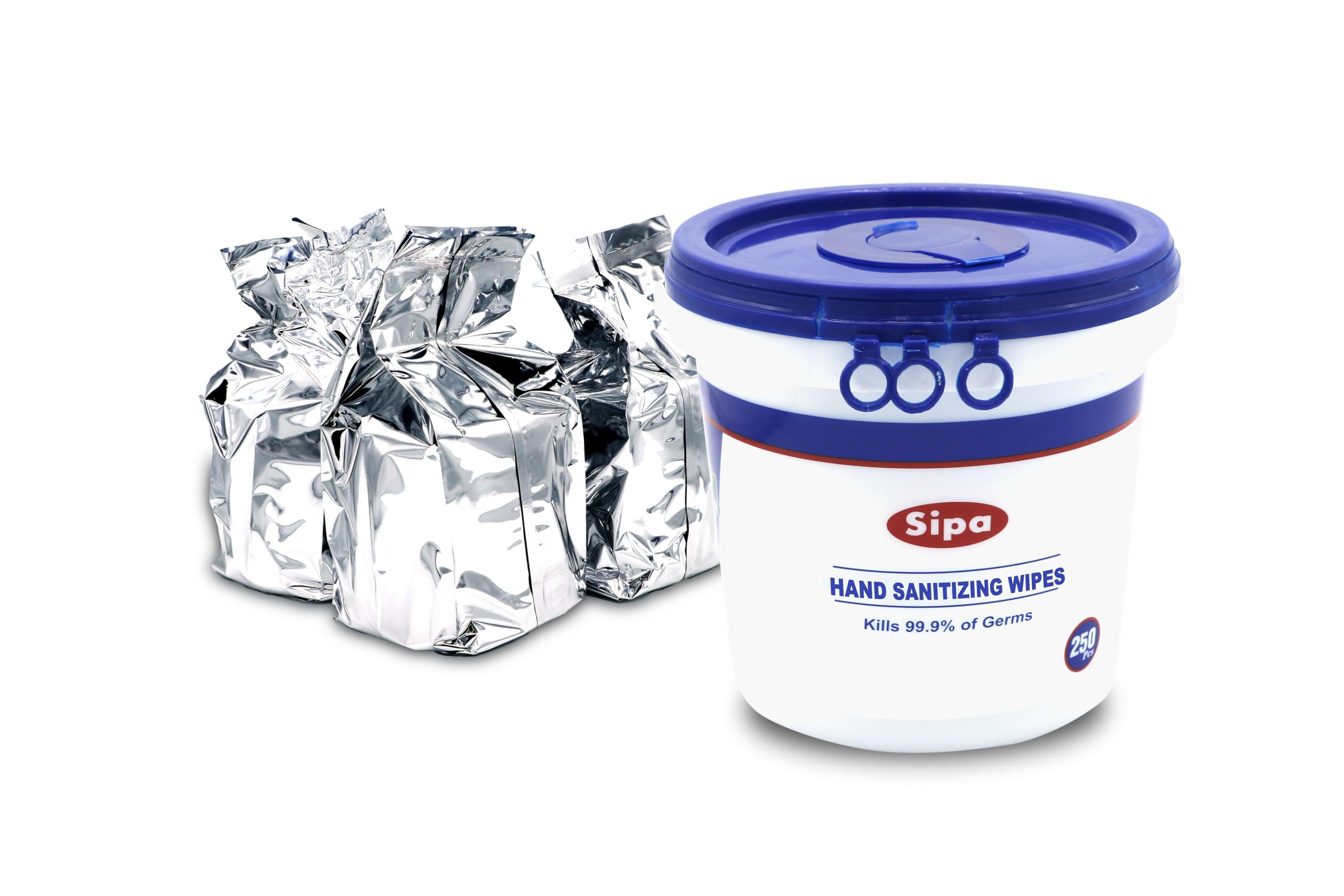 SIPA hand sanitizing wipes bucket with 250 wipes for bulk cleaning