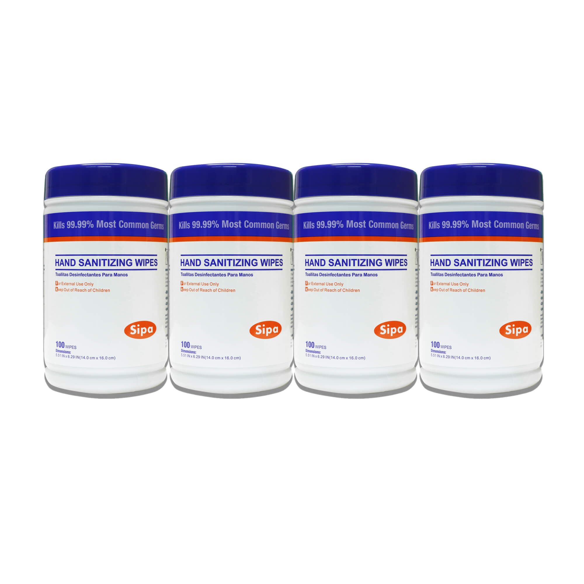SIPA hand sanitizing wipes four-canister package for on-the-go cleaning.