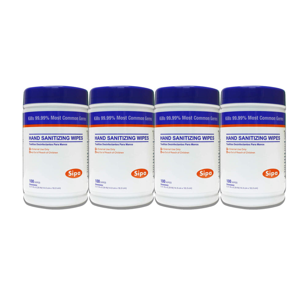 SIPA hand sanitizing wipes four-canister package for on-the-go cleaning.