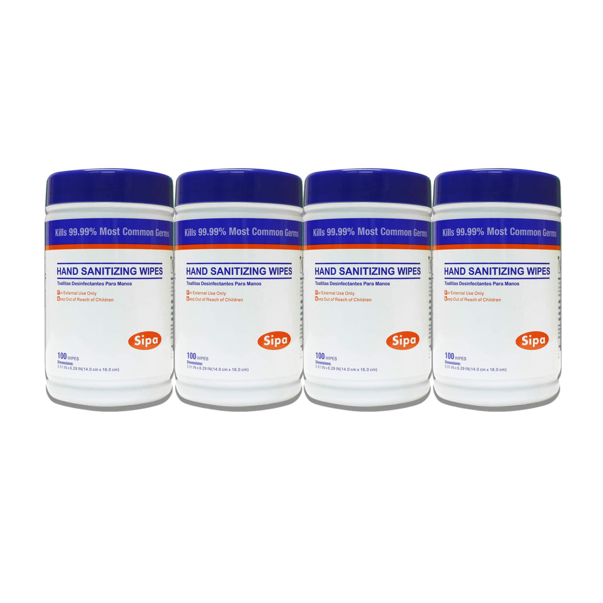 SIPA hand sanitizing wipes four-canister package for on-the-go cleaning.