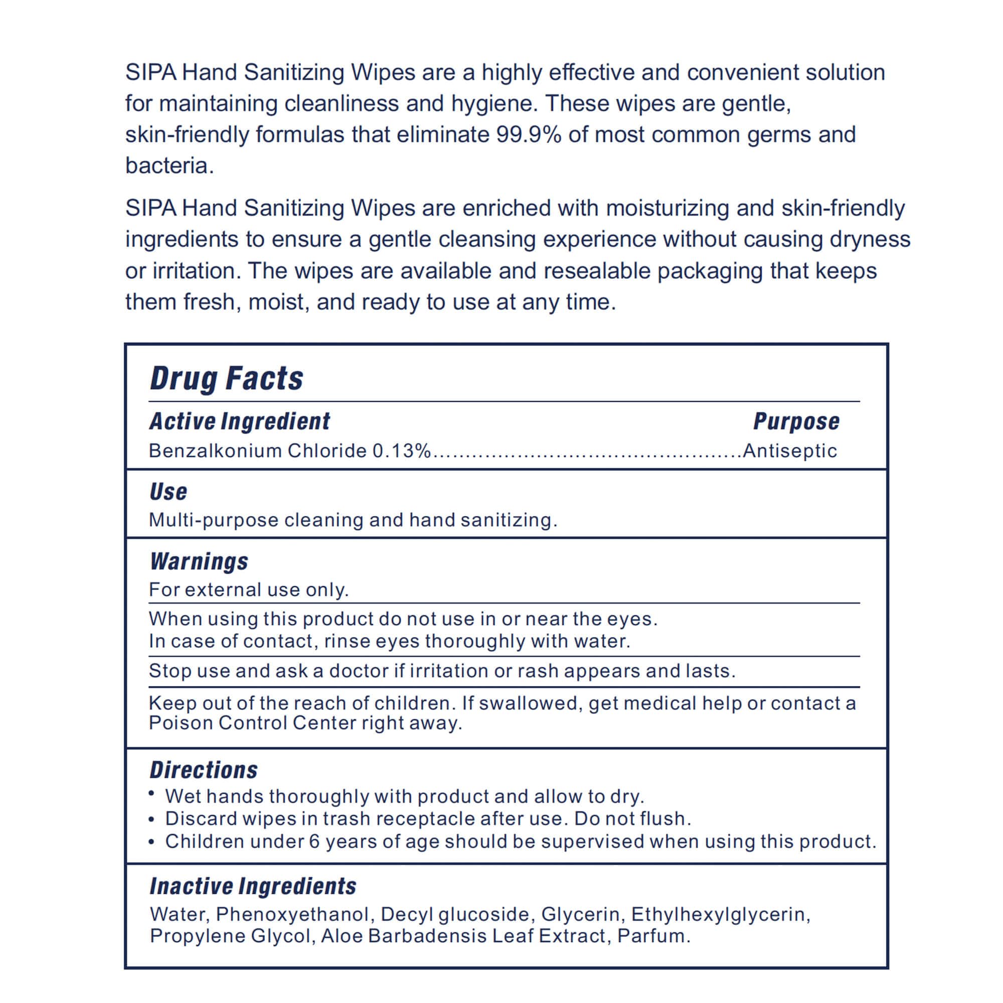 SIPA wipe with fresh scent for quick surface cleaning.