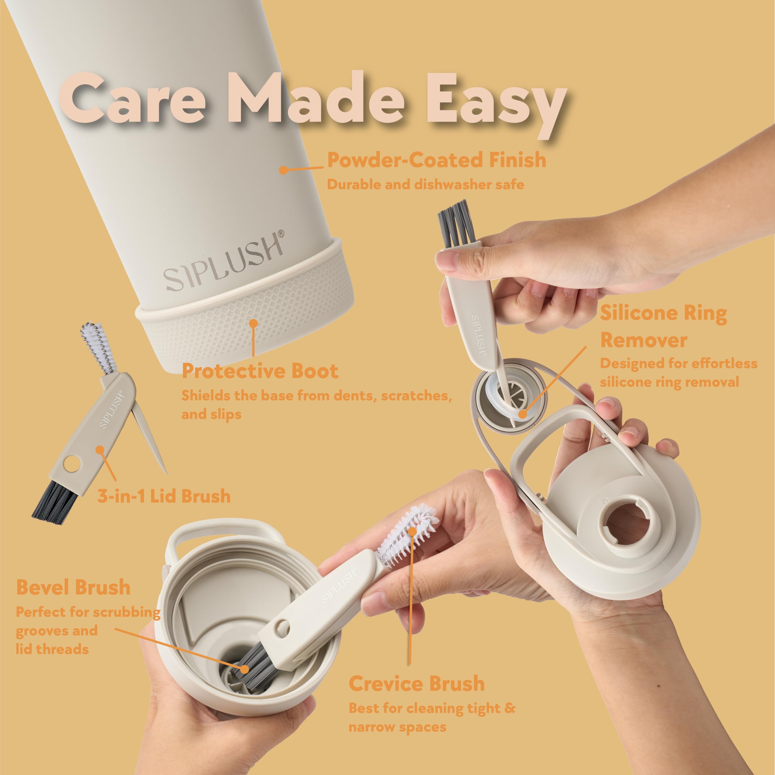 SIPLUSH Paradise Shaker lid brush and boot simplify care and protect surfaces