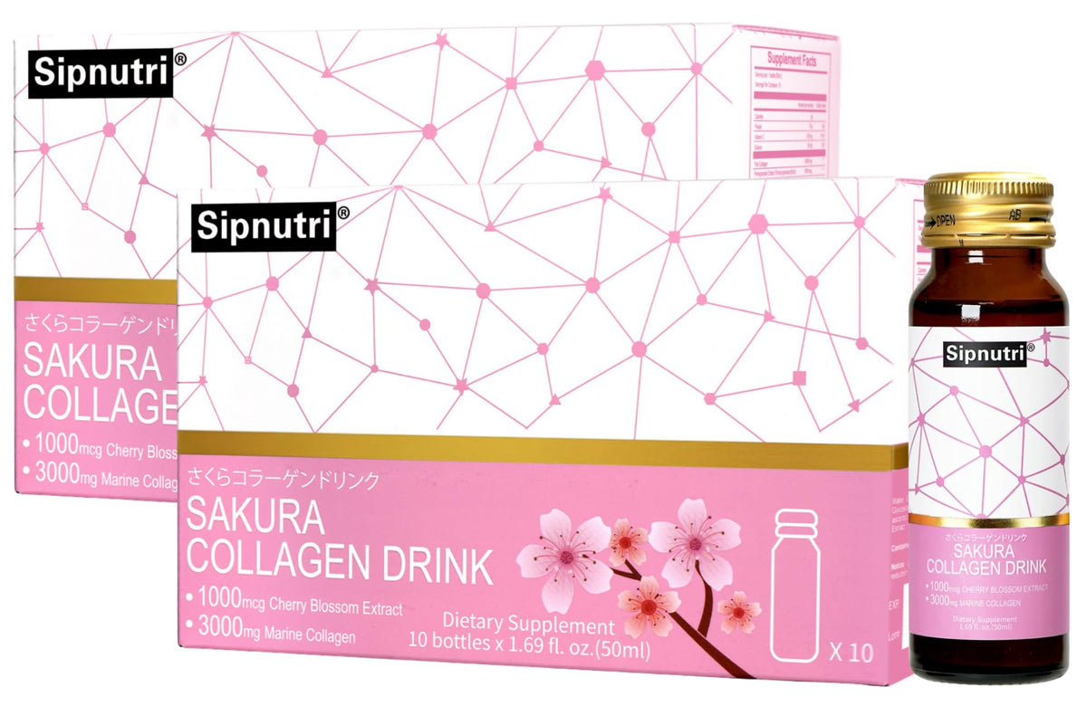 Sipnutri Sakura Collagen Drink bottle shown for on-the-go beauty support.