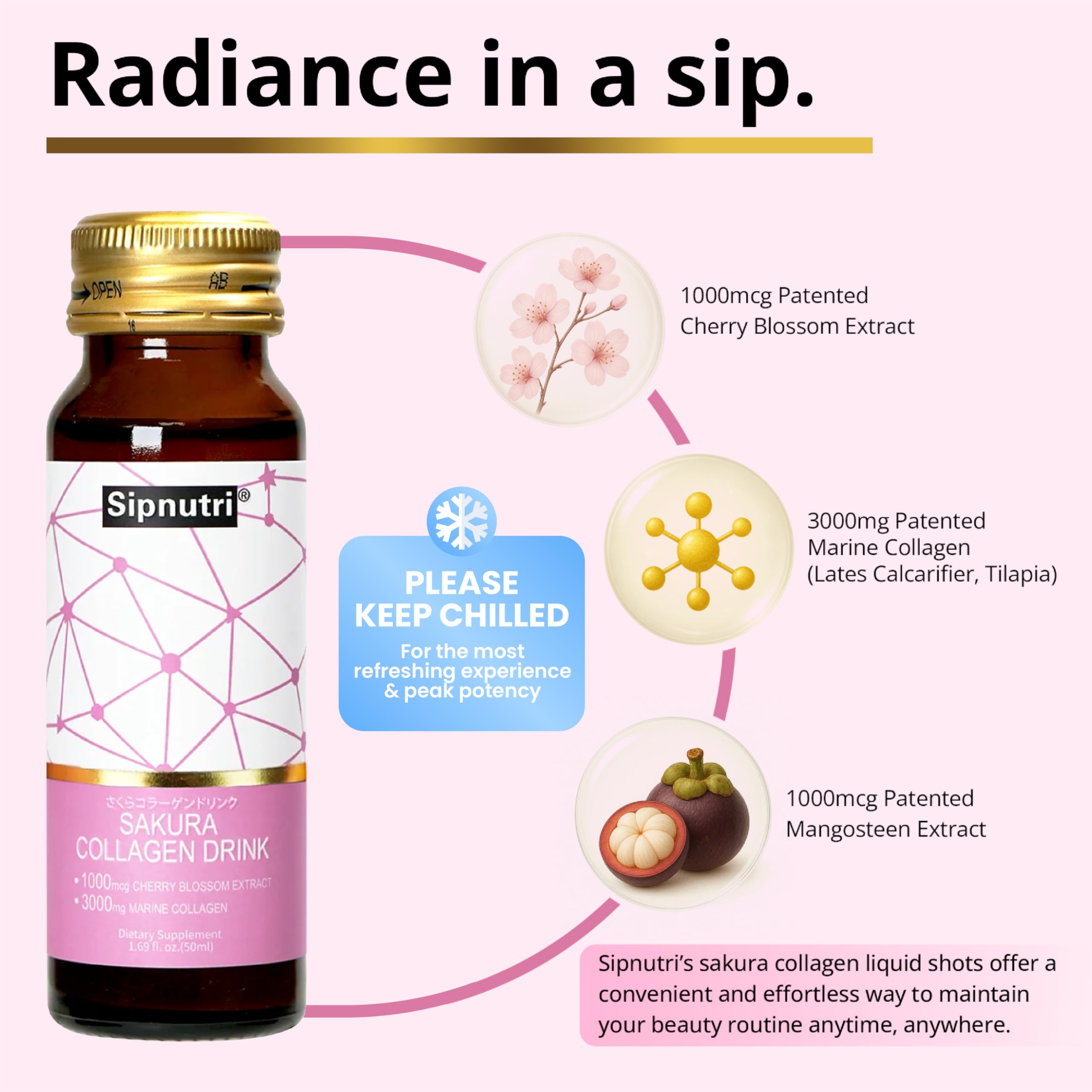 Close-up of Sipnutri Sakura Collagen Drink label highlighting marine peptides.