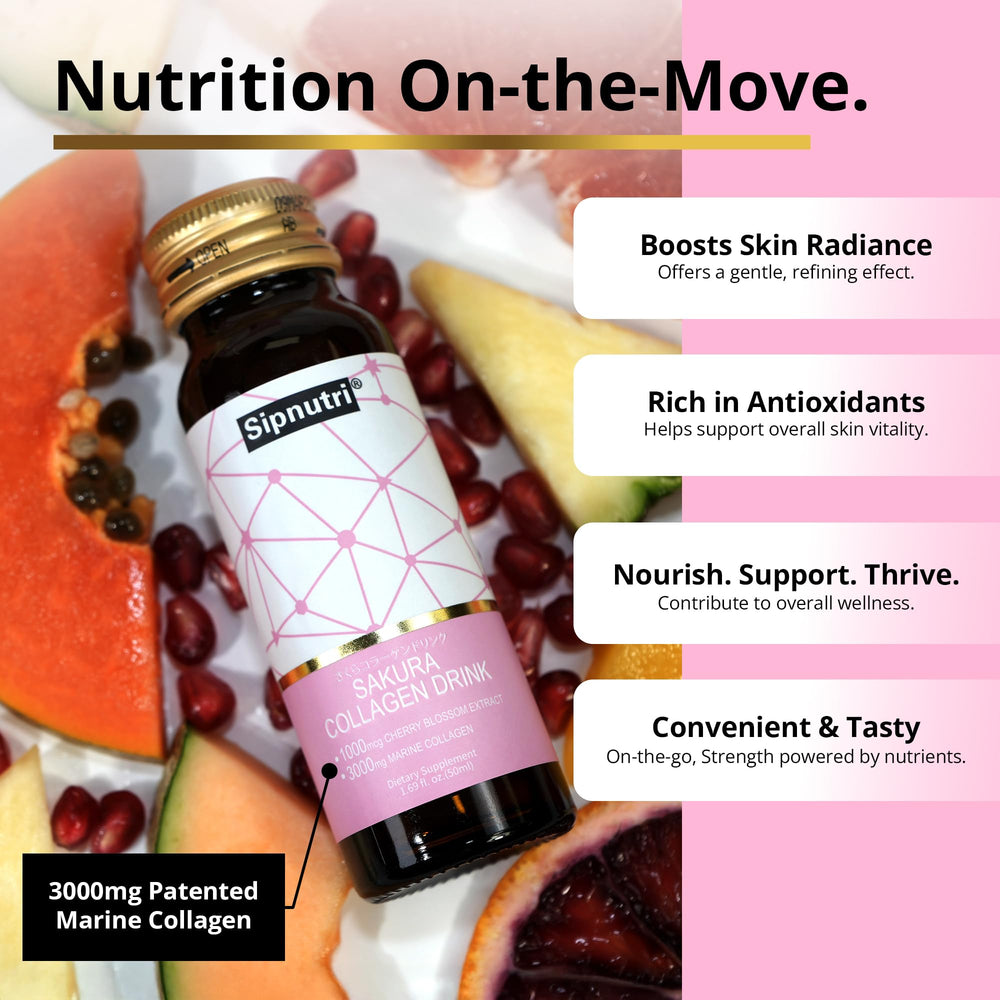 Pouring Sipnutri Sakura Collagen Drink into a glass for a refreshing sip.