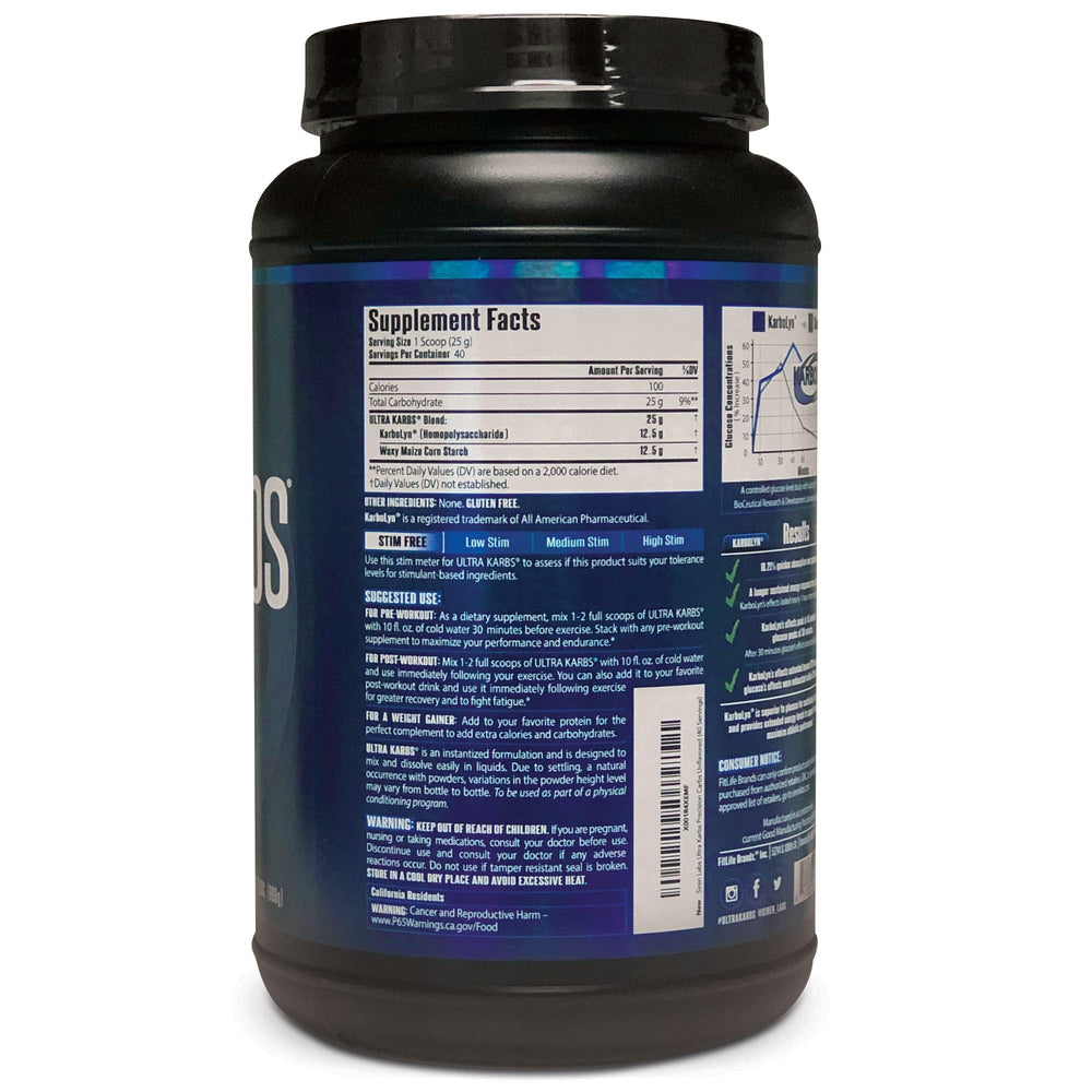 SIRENLABS Ultra Karbs bottle back label highlights KarboLyn carbohydrate blend.