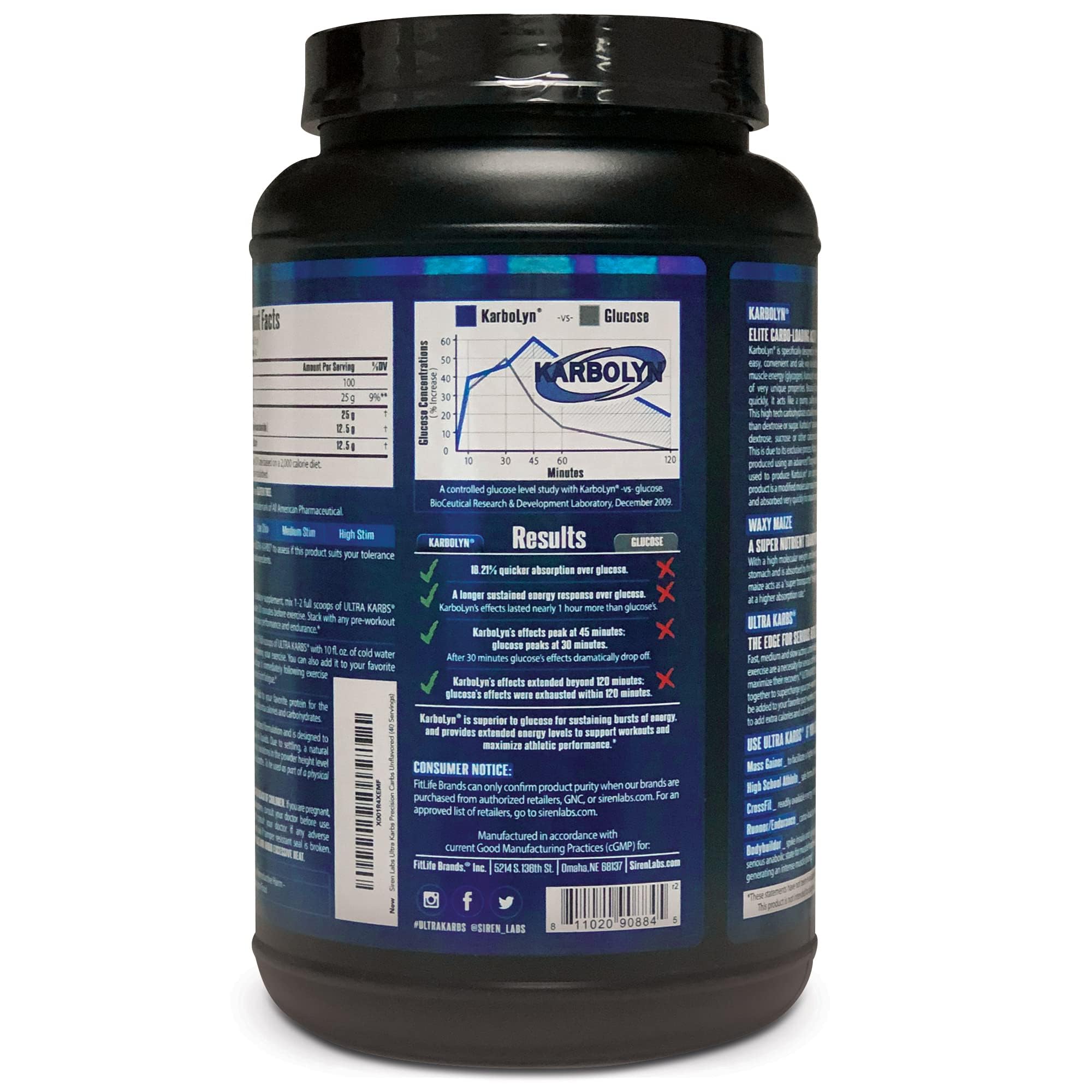 SIRENLABS Ultra Karbs scoop beside a shaker for precise serving.