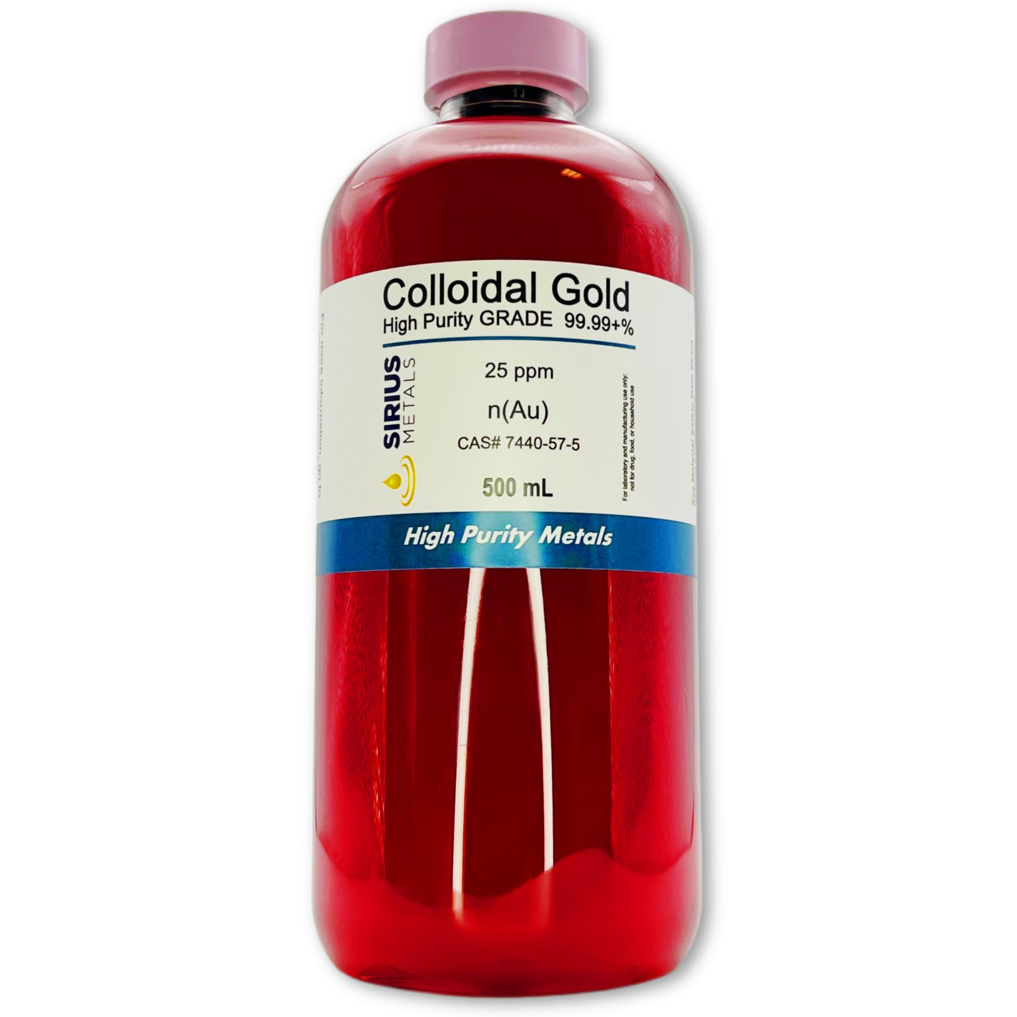 Sirius Metals True Colloidal Gold bottle showcasing high-purity gold nanoparticles for experiments