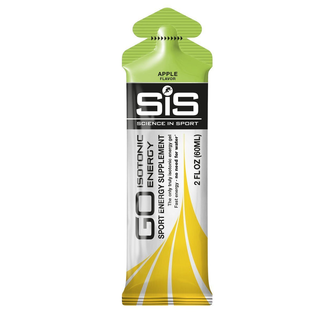 Close-up label of SIS Gel GO Apple highlighting vegan and gluten-free options.