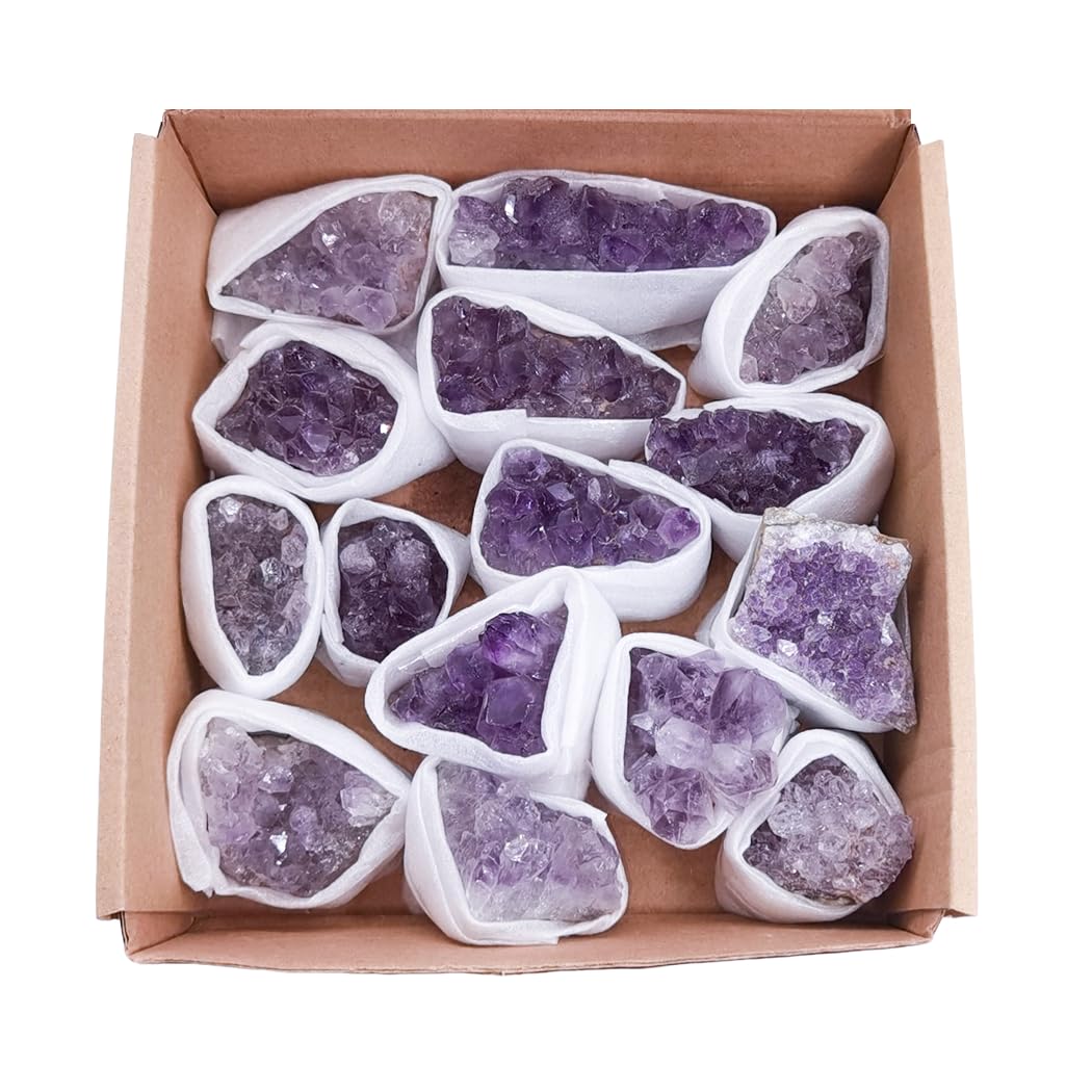 Sisamn Amethyst Clusters in a box show natural geode texture for mindful display.