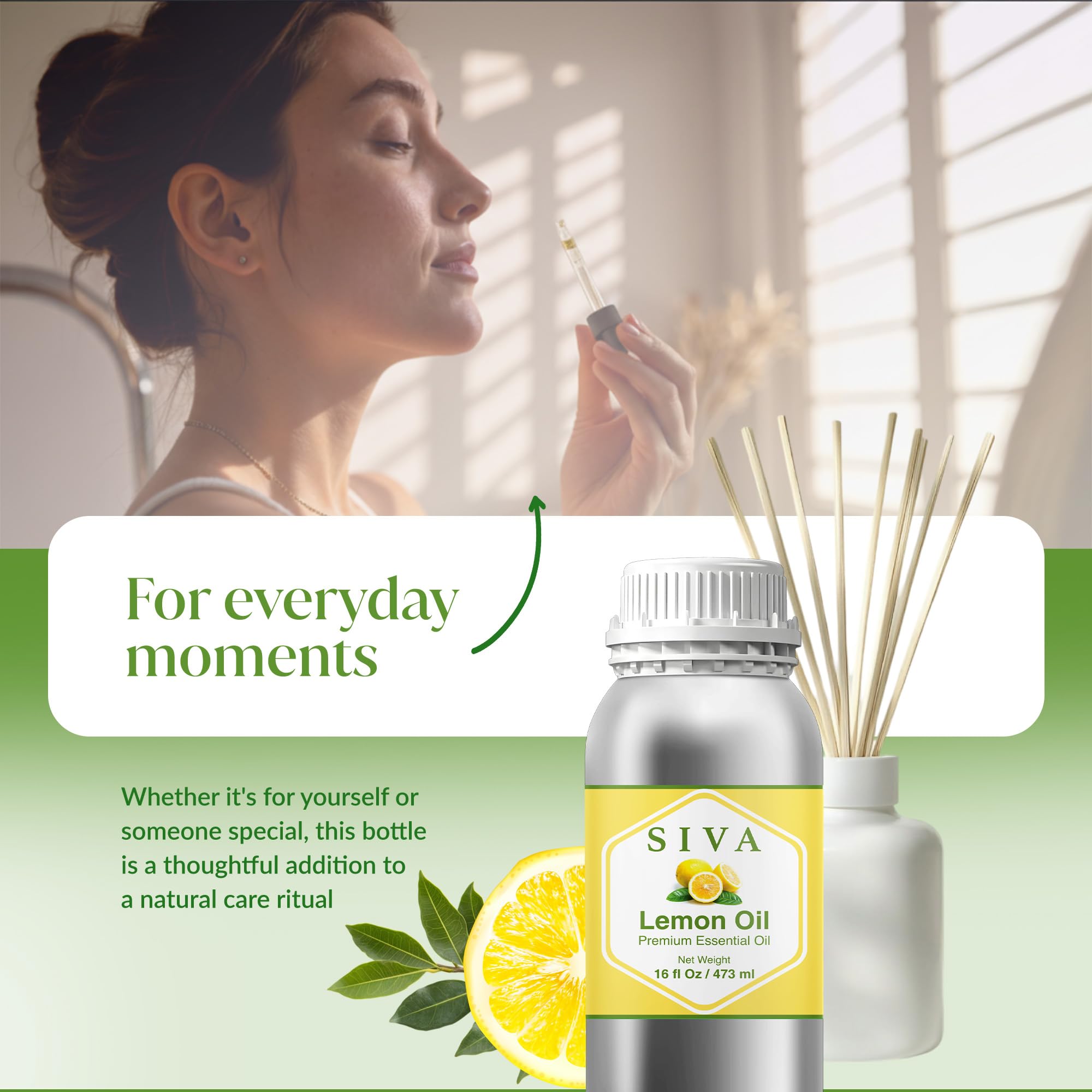 SIVA ORGANICS Lemon Oil packaging highlights 16oz size and quality.