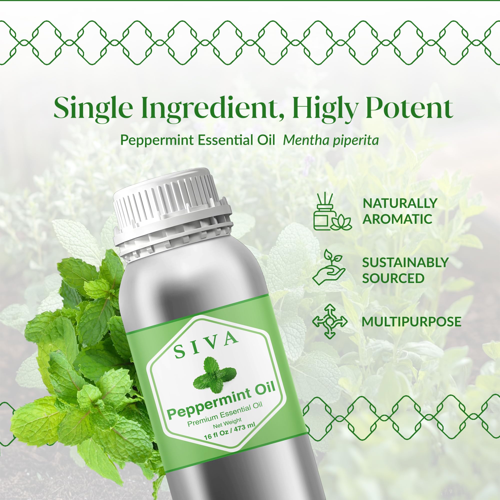 SIVA ORGANICS Peppermint Oil bottle used in skincare blends for cooling relief.