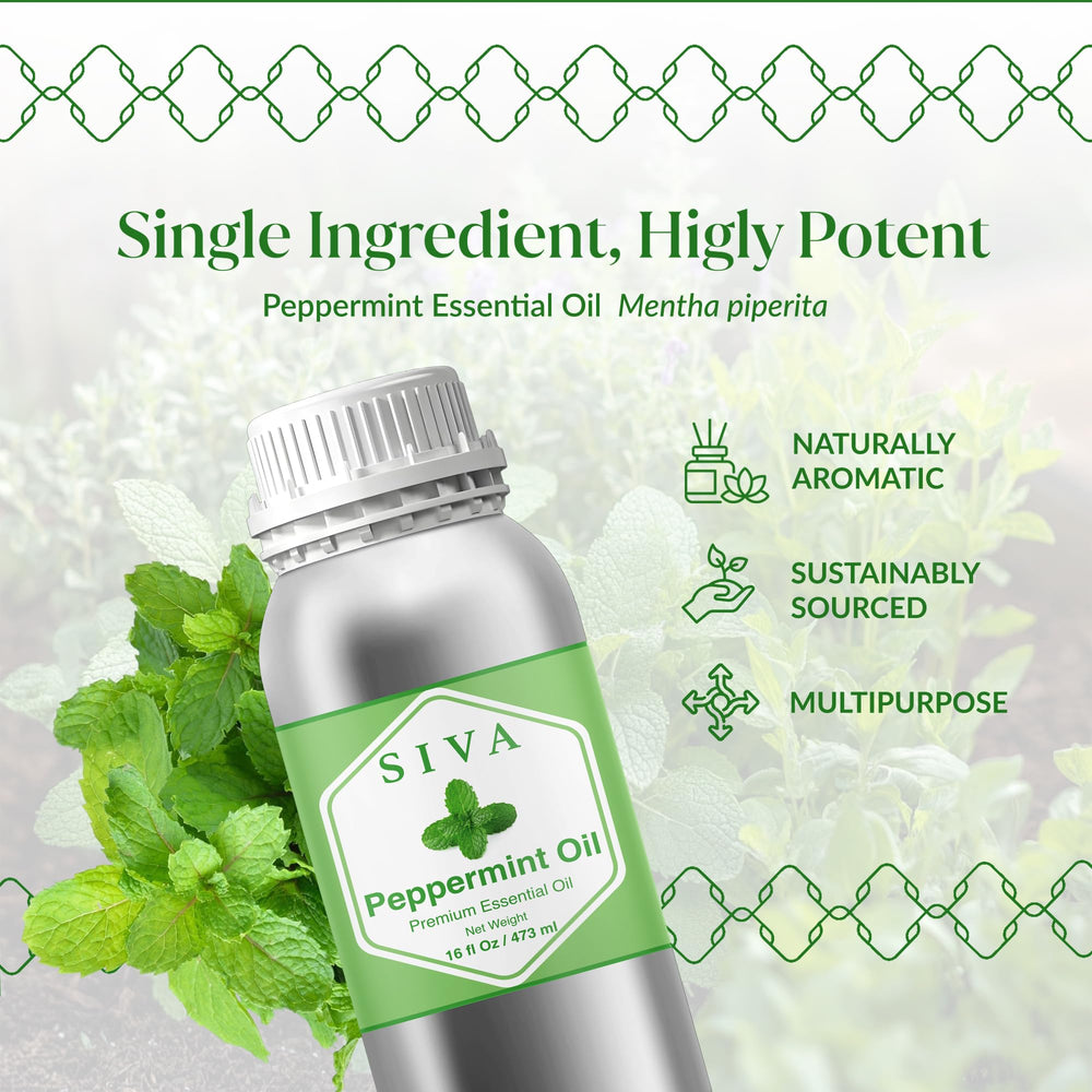 SIVA ORGANICS Peppermint Oil bottle used in skincare blends for cooling relief.