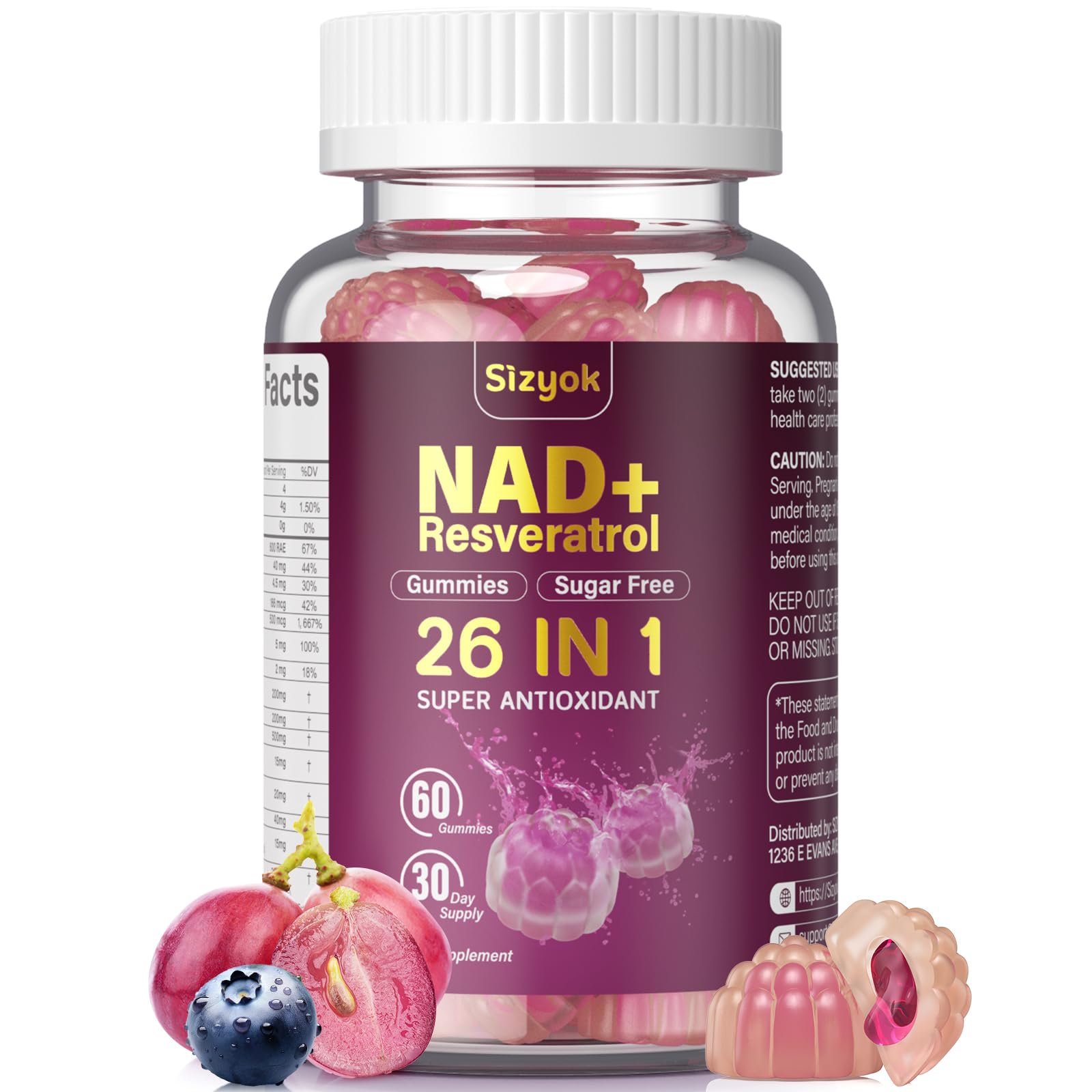 Sizyok NAD Resveratrol Gummies bottle with 60 gummies highlighting antioxidant support