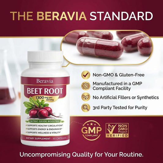 Close-up of Skaal Beravia beet root capsules highlighting vegan, non-GMO extract.