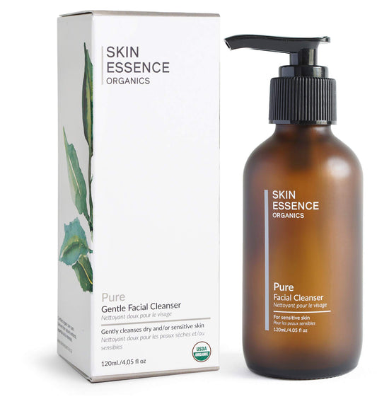 Skin Essence Organics Pure Gentle Facial Cleanser bottle front for a gentle cleanse with sensitive skin in mind