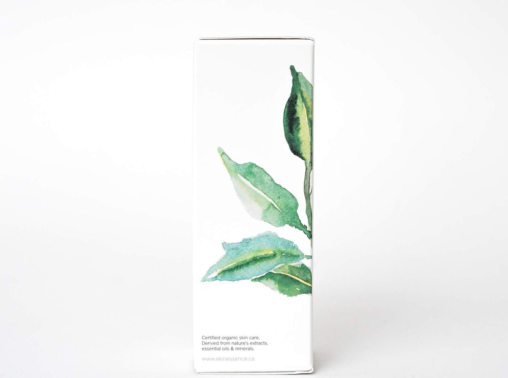 Skin Essence Organics Pure Gentle Facial Cleanser eco-cert logo close-up reinforces certified organic and ethical practice
