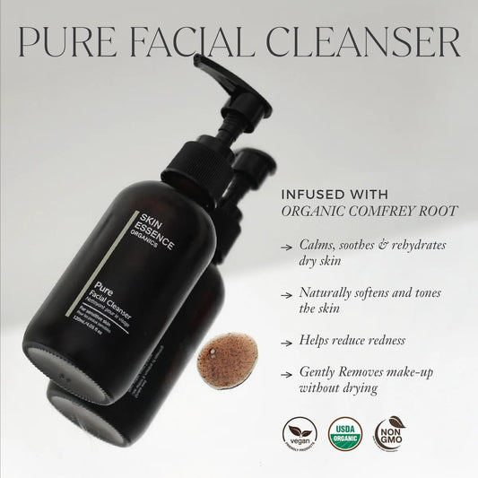 Skin Essence Organics Pure Gentle Facial Cleanser label close-up highlights organic certification