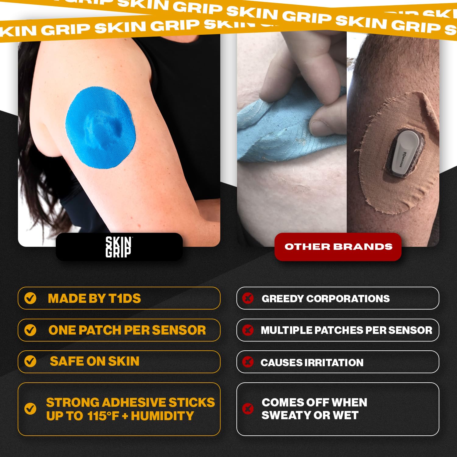 Blue Skin Grip patch showing skin-friendly hypoallergenic materials