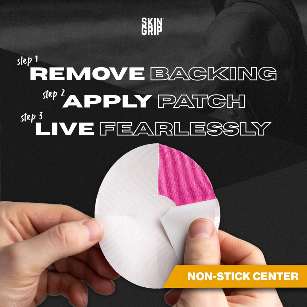 Skin Grip patch, pink pre-cut, enables precise placement for reliable CGM wear.